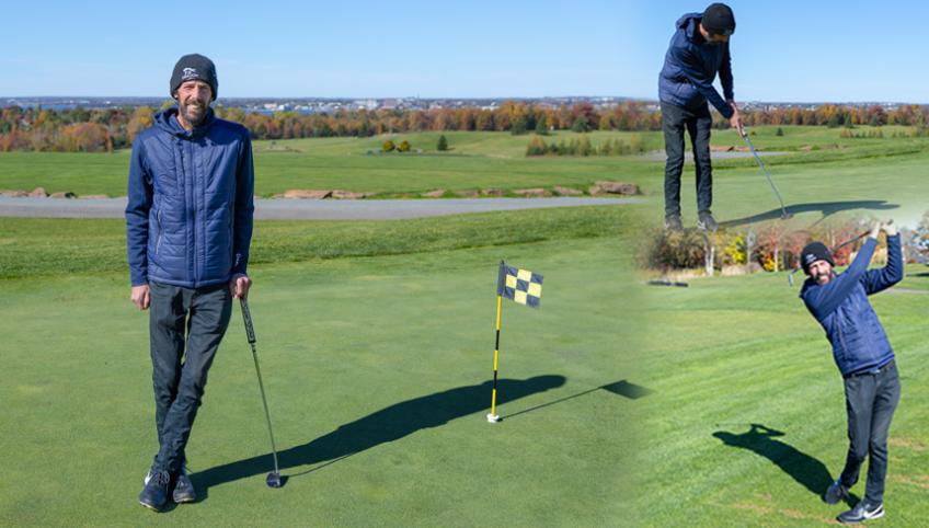 image of a person posing on a golf course and also taking practice shots