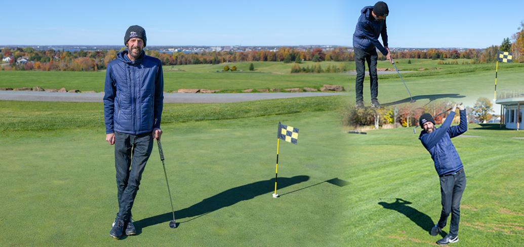 image of a person posing on a golf course and also taking practice shots